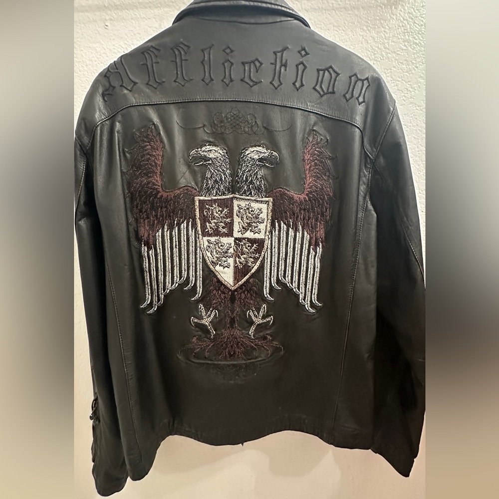Vintage Affliction Black Leather Jacket with Embroidered Eagle
